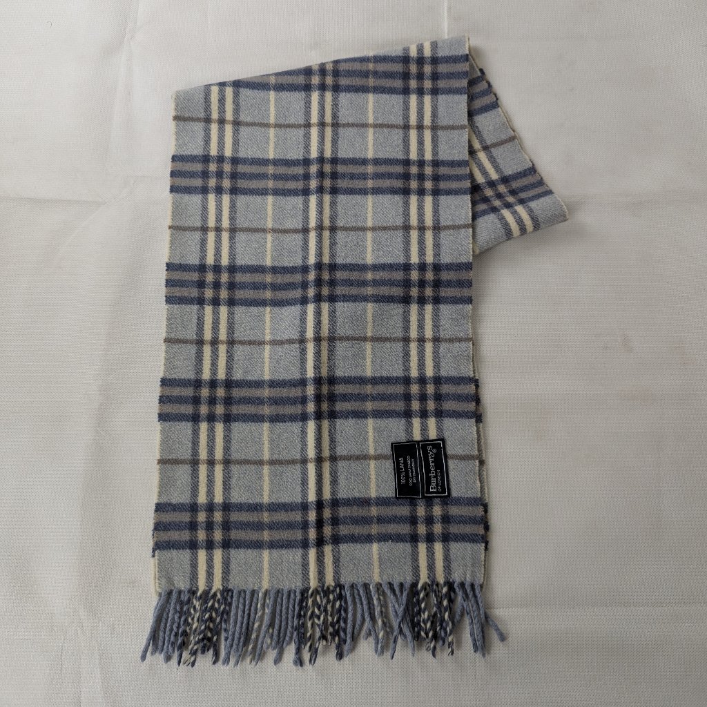 Burberry London Vintage Classic Nova Check 100% Lana Wool Blue Scarf - Uk